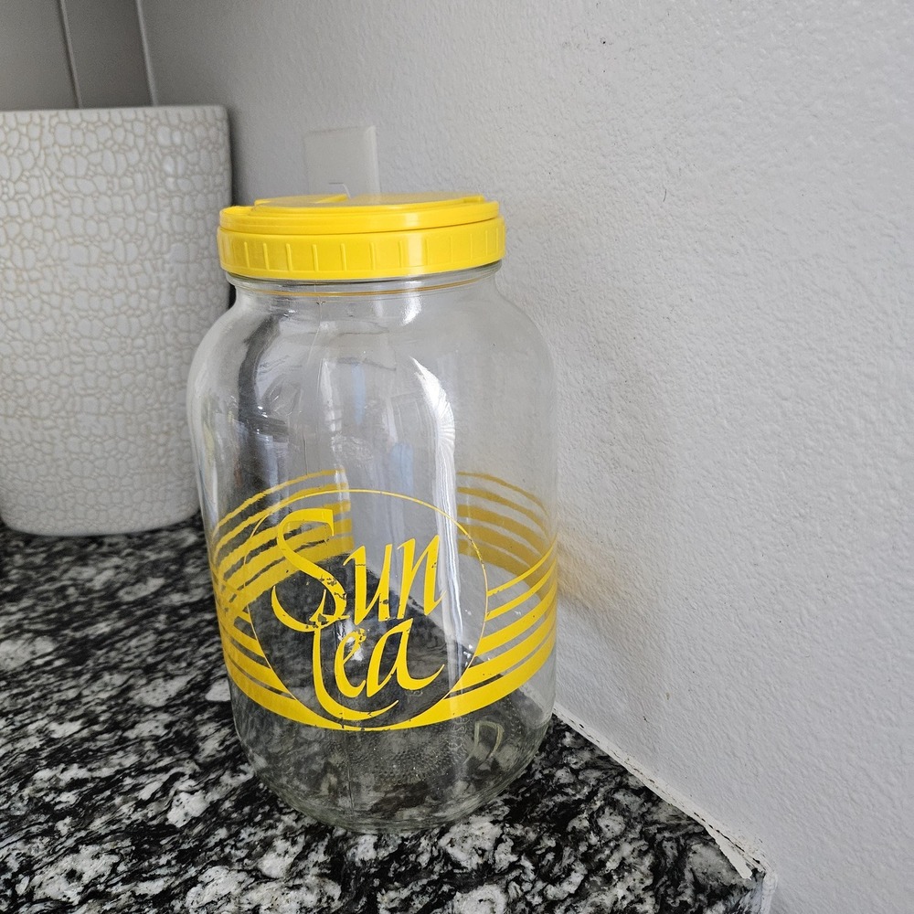 vintage sun tea‎ jar glass gallon iced tea bright yellow with lid